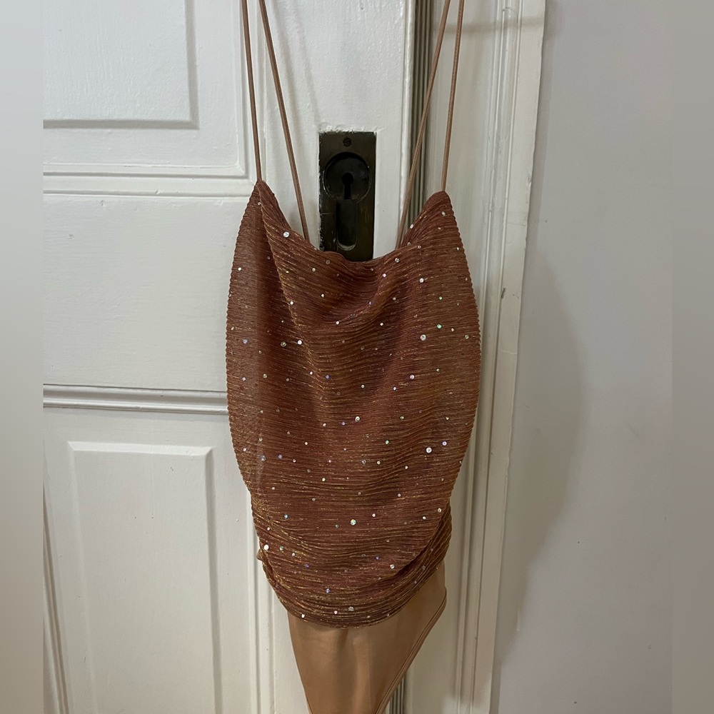 Revolve More to Come Sparkly Tan Bodysuit Size M